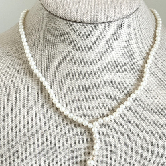 14K Solid Yellow Gold Clasp 4MM Genuine Pearl Drop Strand Necklace 17" - Picture 1 of 9